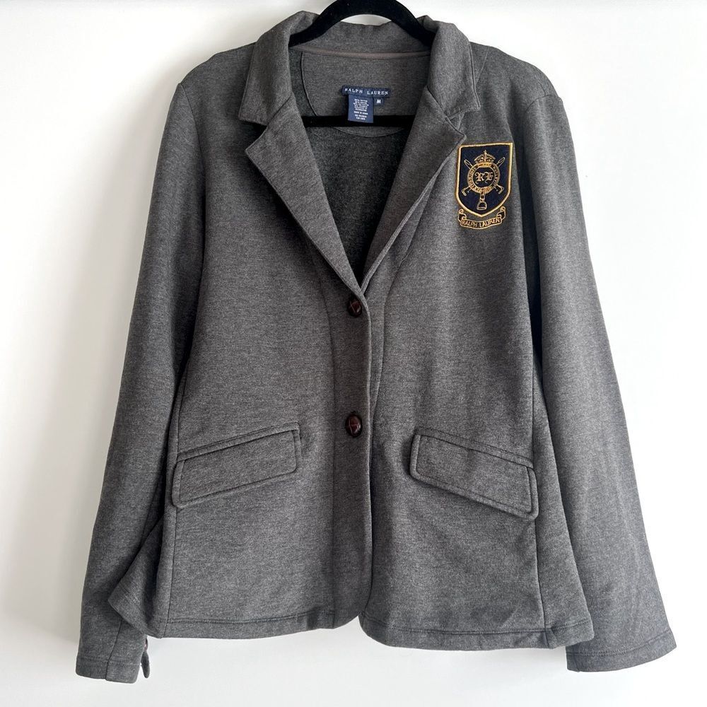 Ralph Lauren Blue Label Embroidered Insignia Grey Sweatshirt Blazer Size Medium - Picture 2 of 8